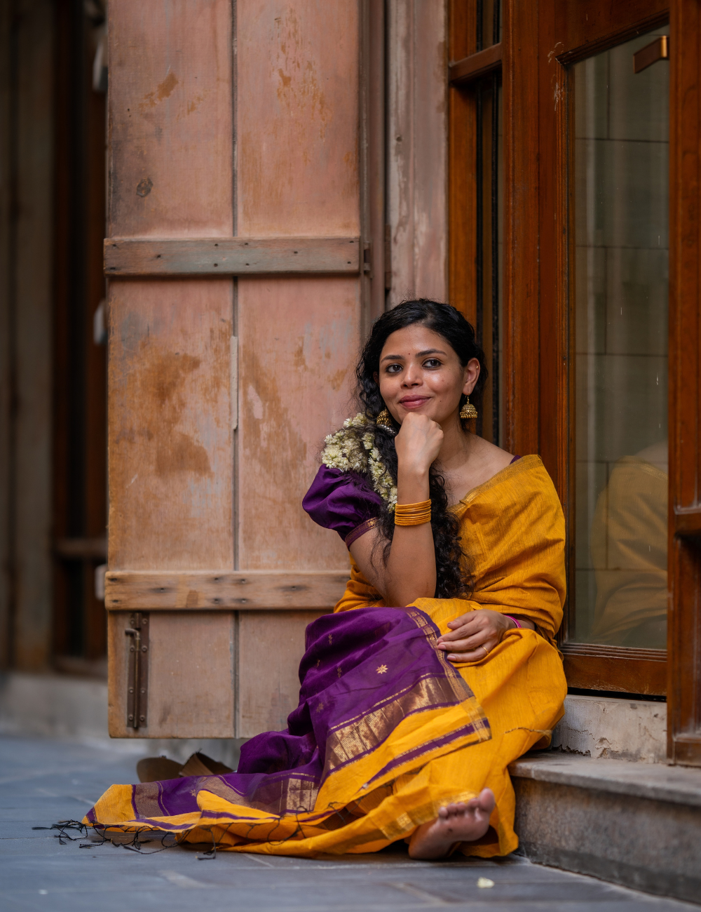 Yellow with Violet - Silk cotton saree