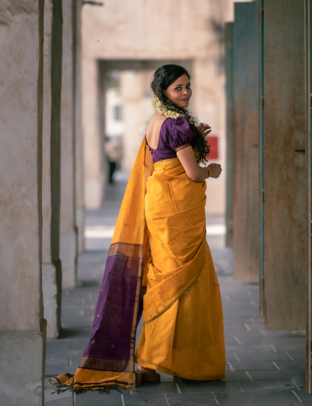 Yellow with Violet - Silk cotton saree