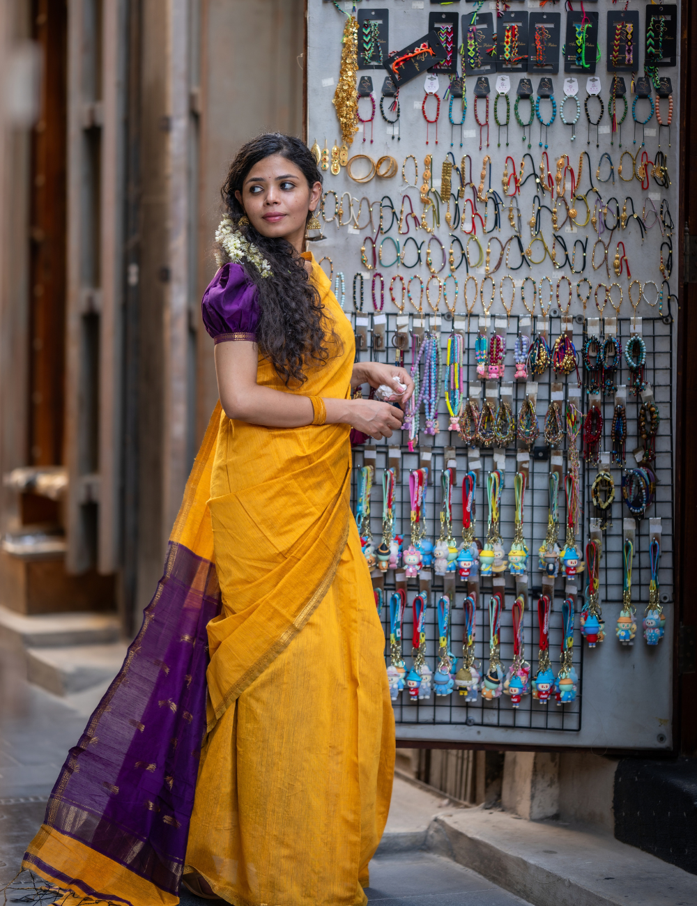 Yellow with Violet - Silk cotton saree