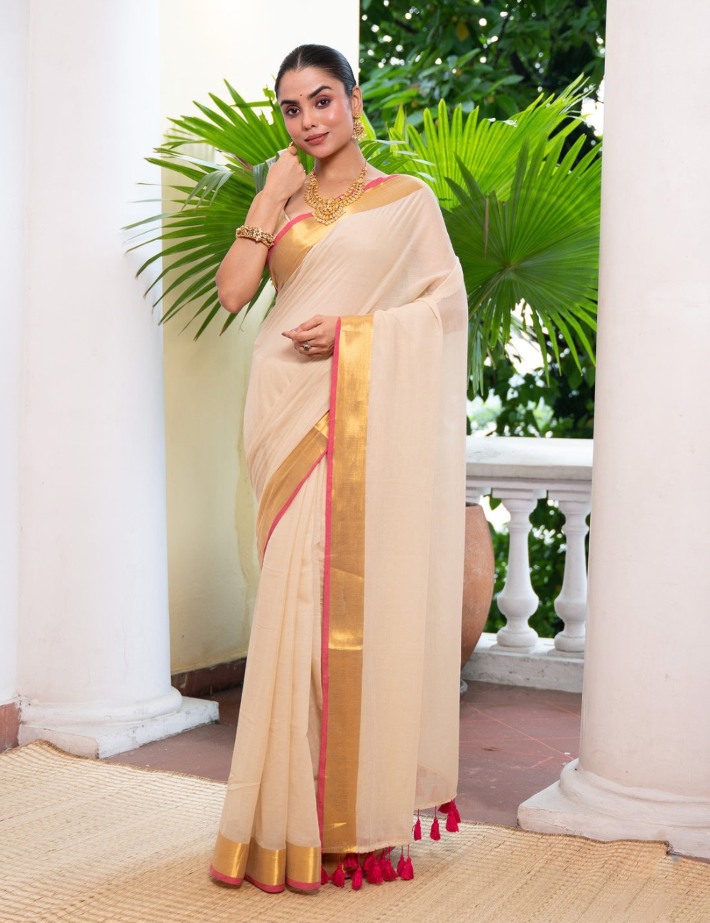 Cream Premium Mul cotton saree