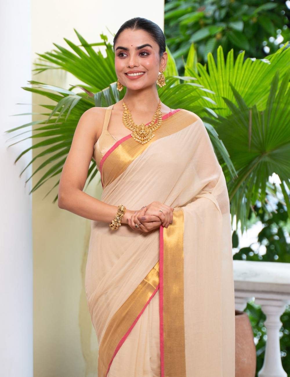 Cream Premium Mul cotton saree