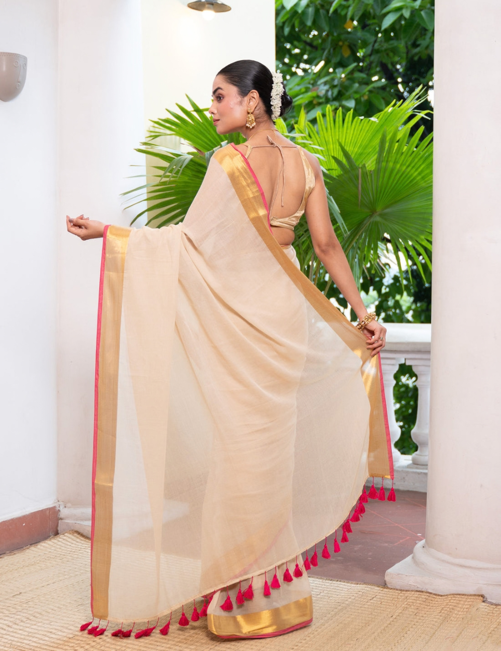 Cream Premium Mul cotton saree