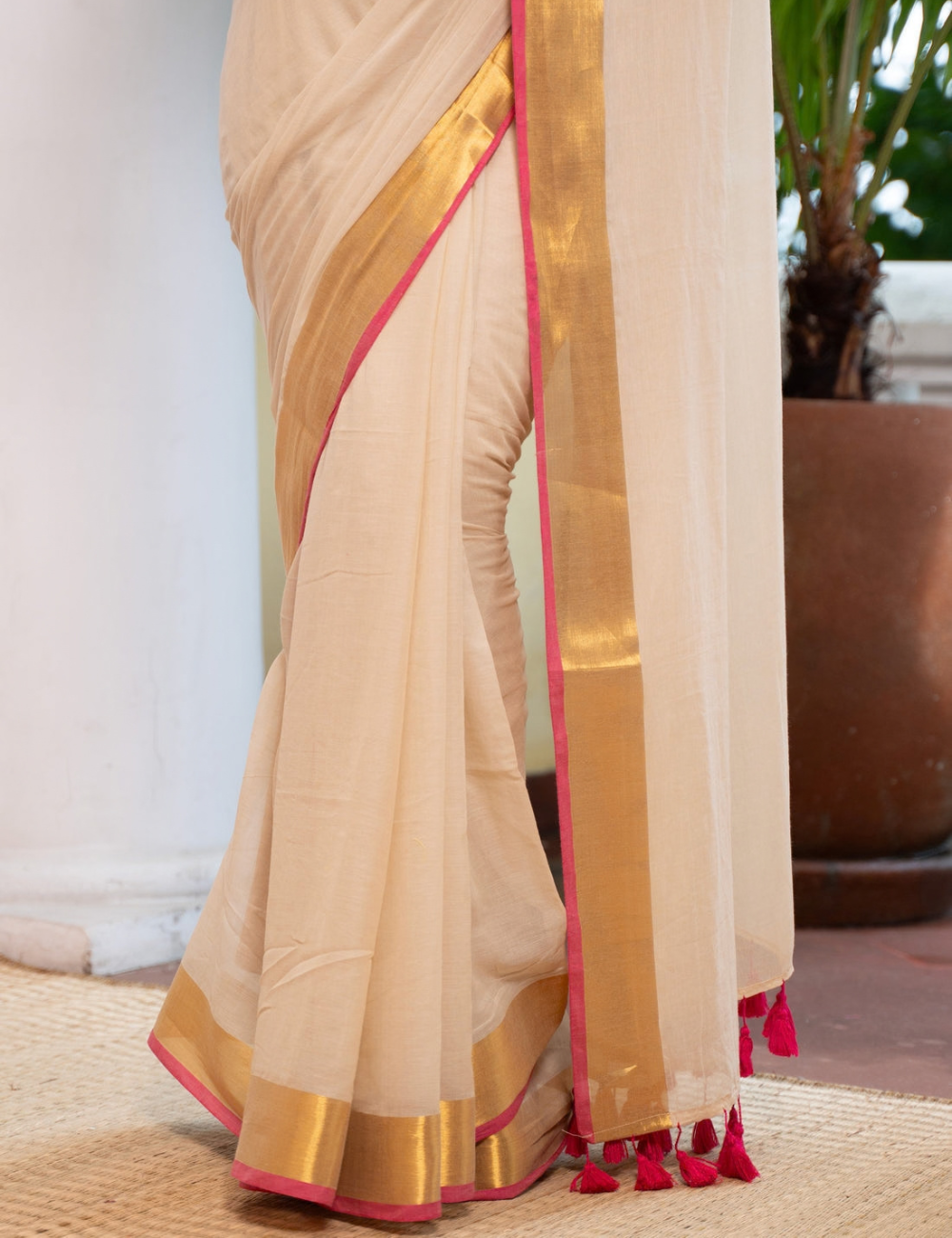 Cream Premium Mul cotton saree