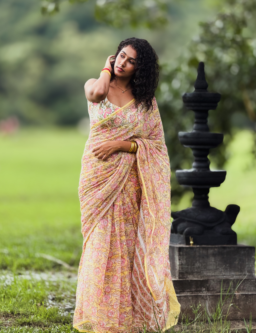 Yellow | Sanganeri Hand Block Kota Doria Saree