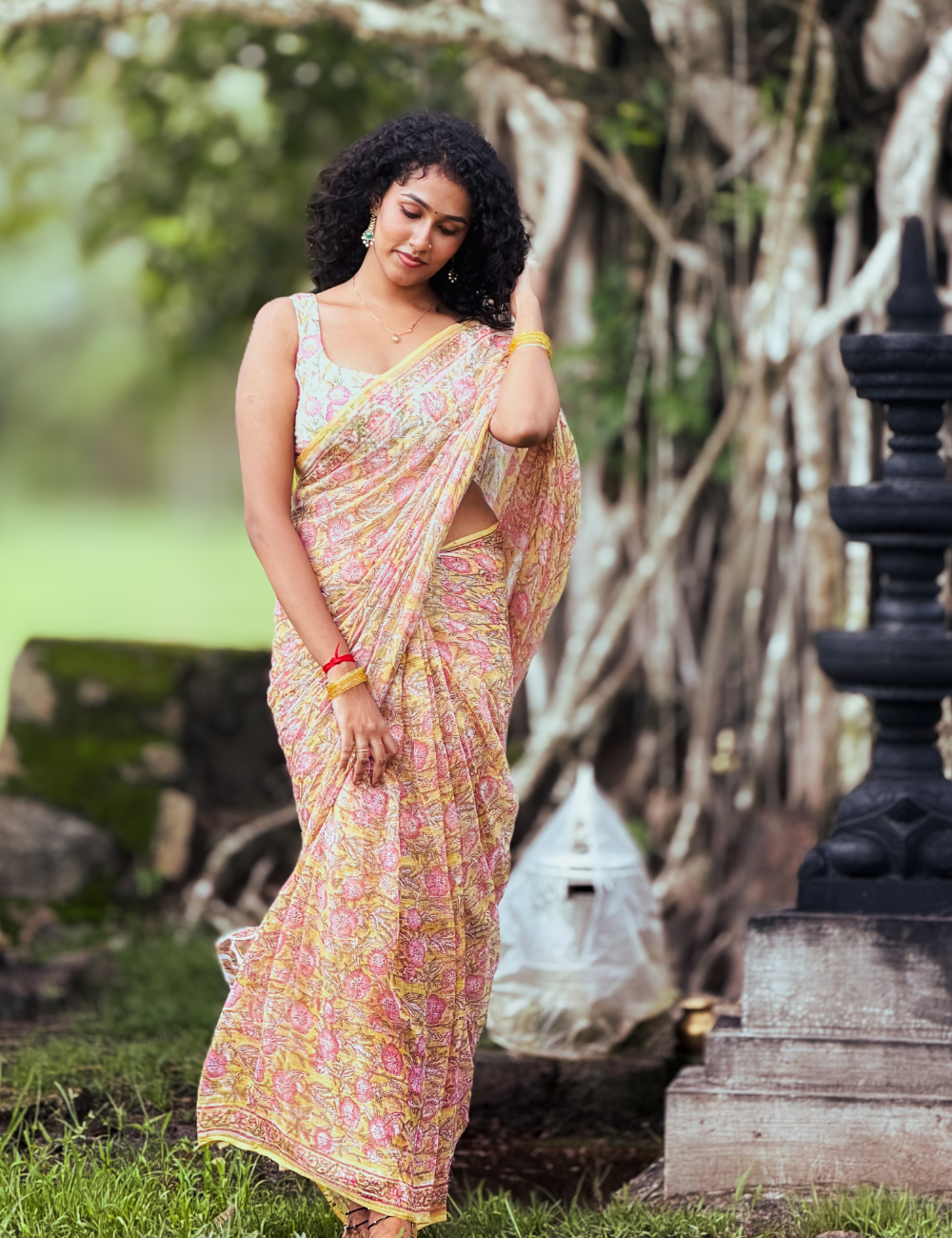 Yellow | Sanganeri Hand Block Kota Doria Saree