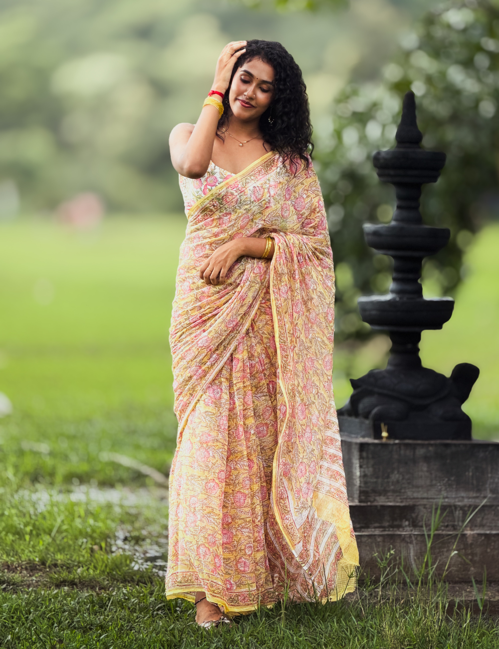 Yellow | Sanganeri Hand Block Kota Doria Saree