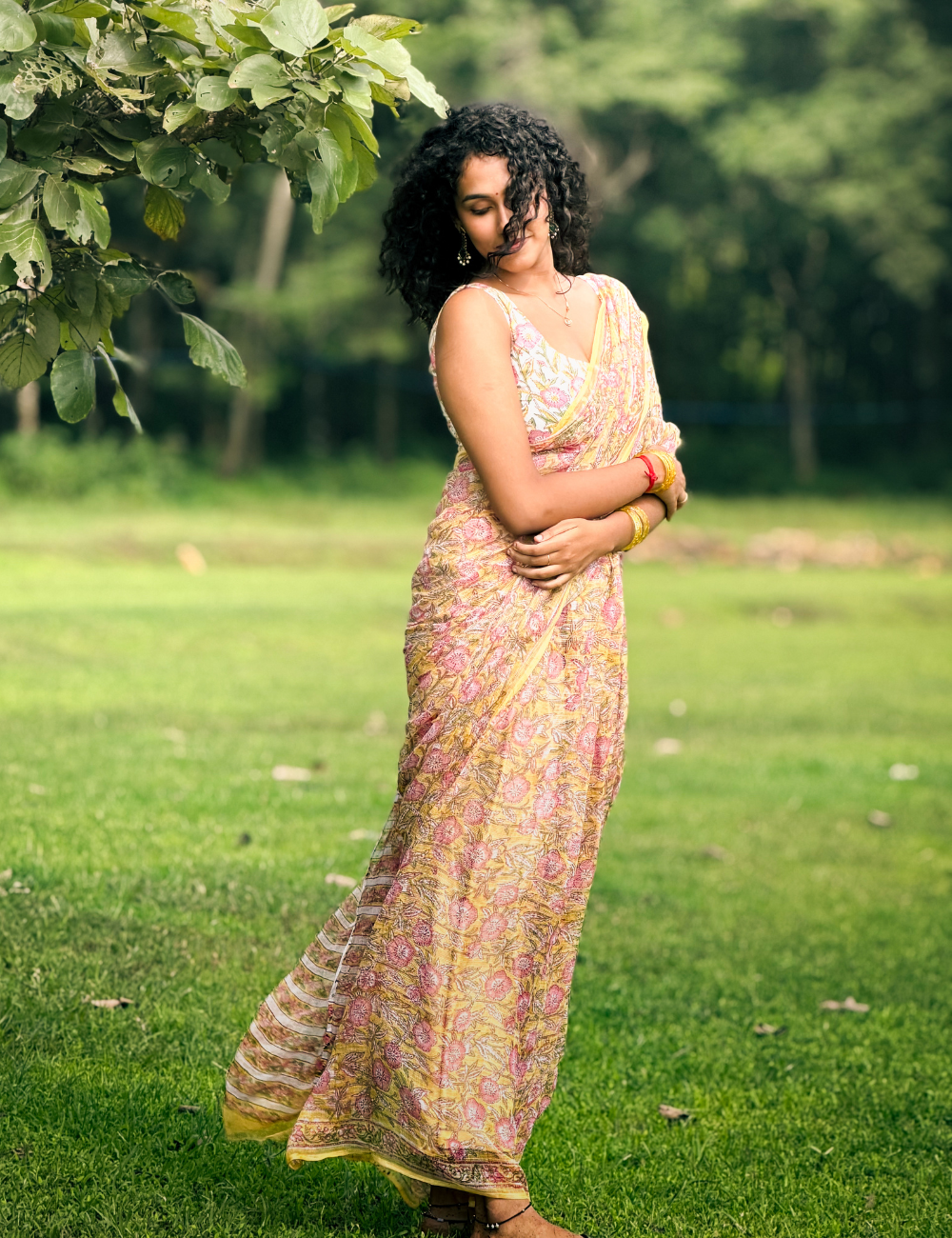 Yellow | Sanganeri Hand Block Kota Doria Saree
