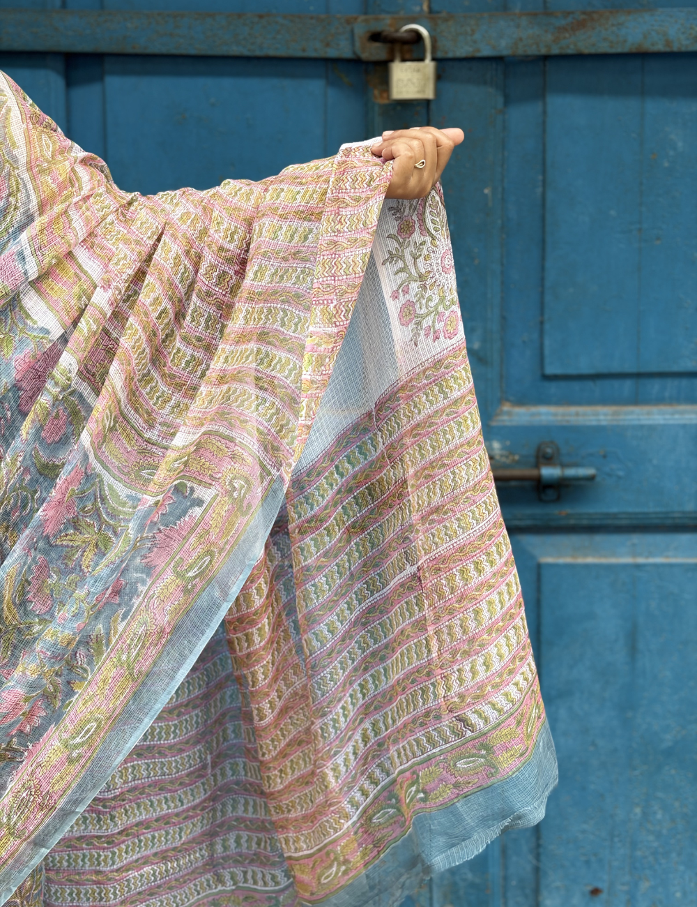 Grey | Sanganeri Hand Block Kota Doria Saree