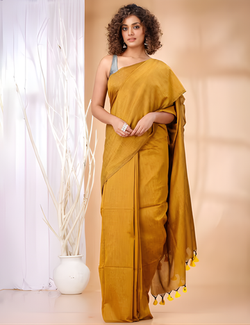 Mustard Yellow cotton Handloom saree with Black printed blouse