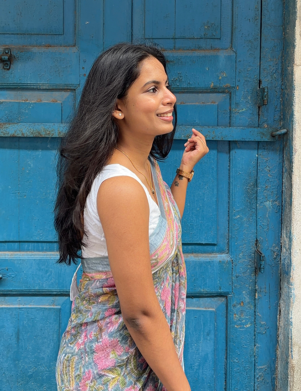 Grey | Sanganeri Hand Block Kota Doria Saree