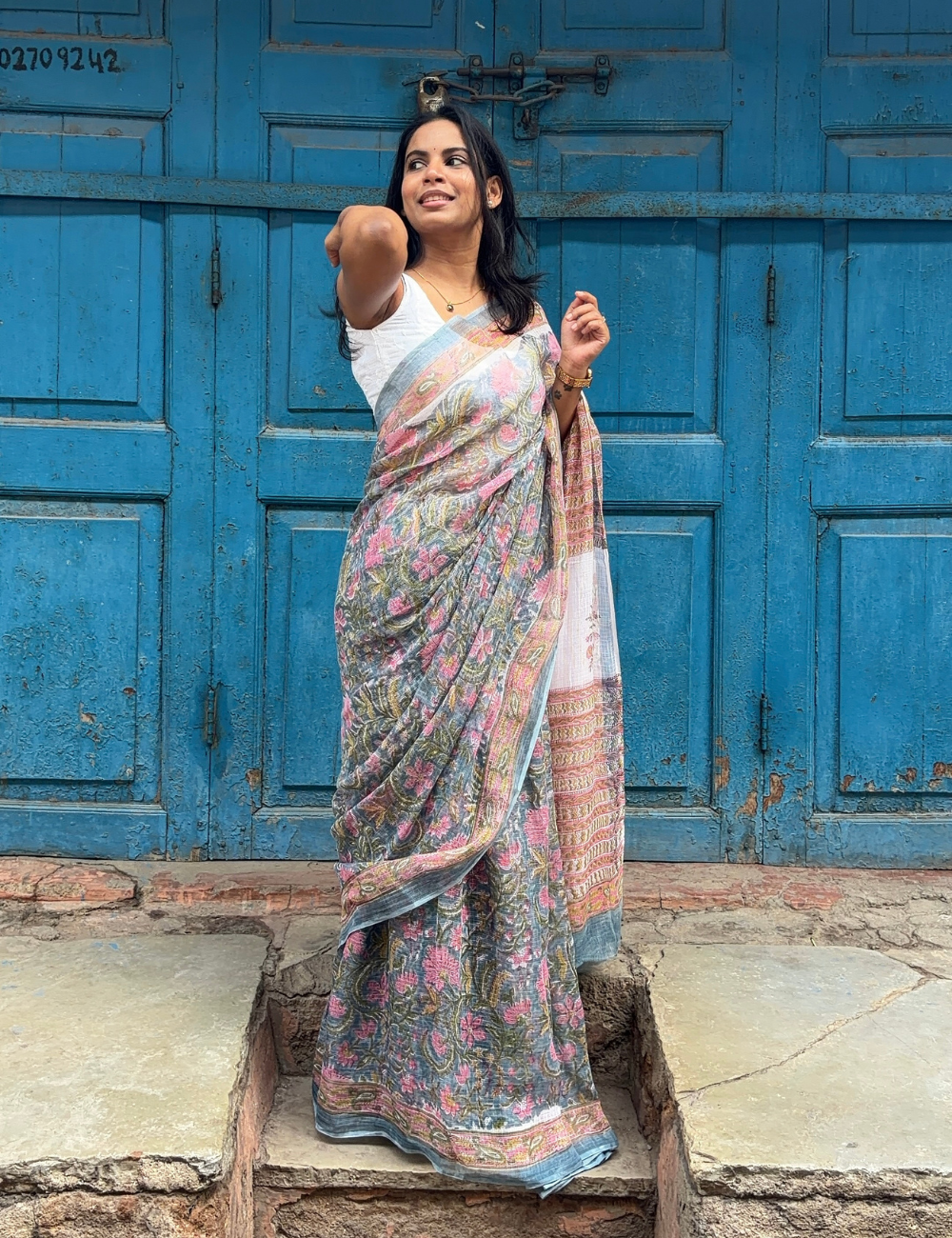 Grey | Sanganeri Hand Block Kota Doria Saree