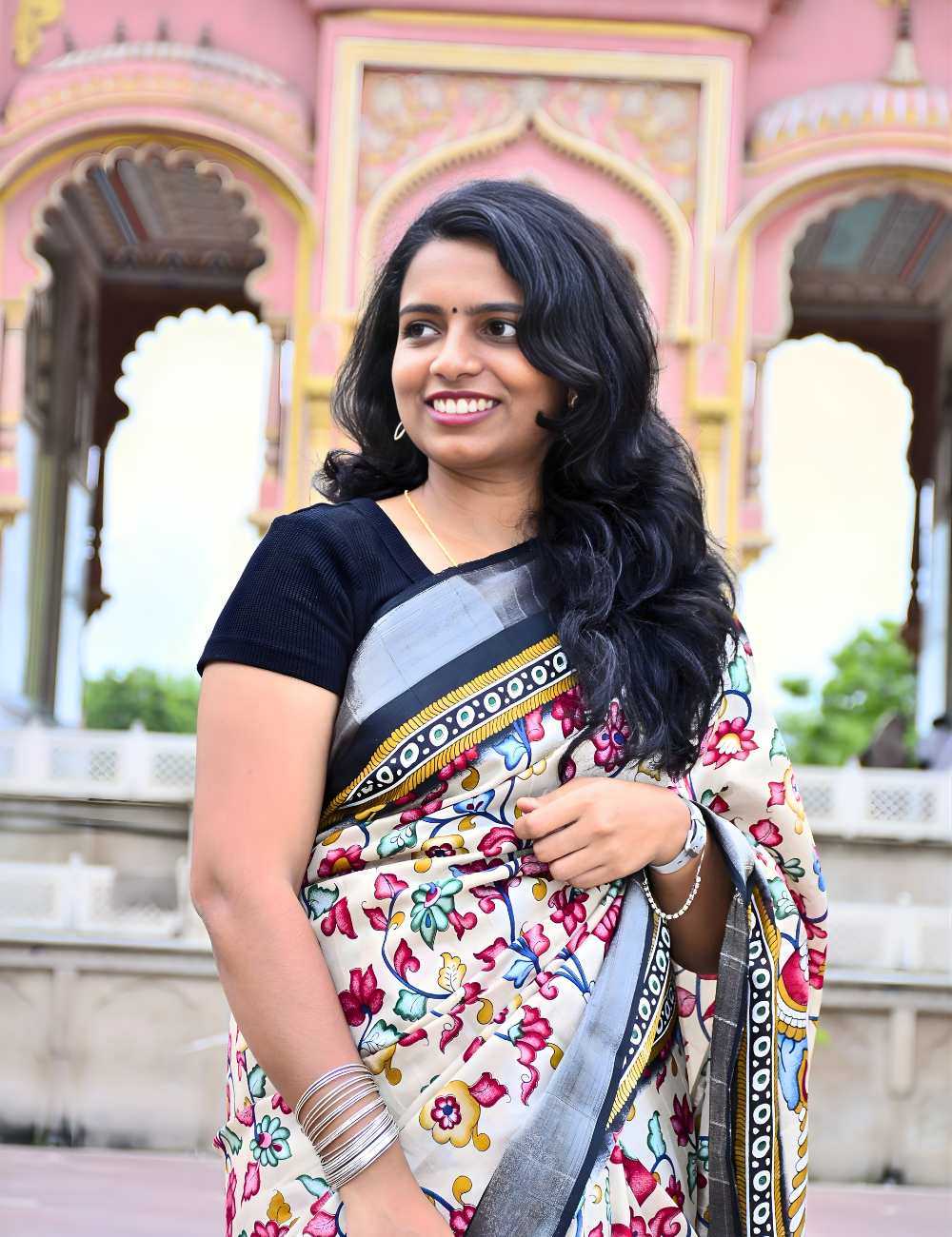 Half White Kalamkari Semi Tussar Silk Saree