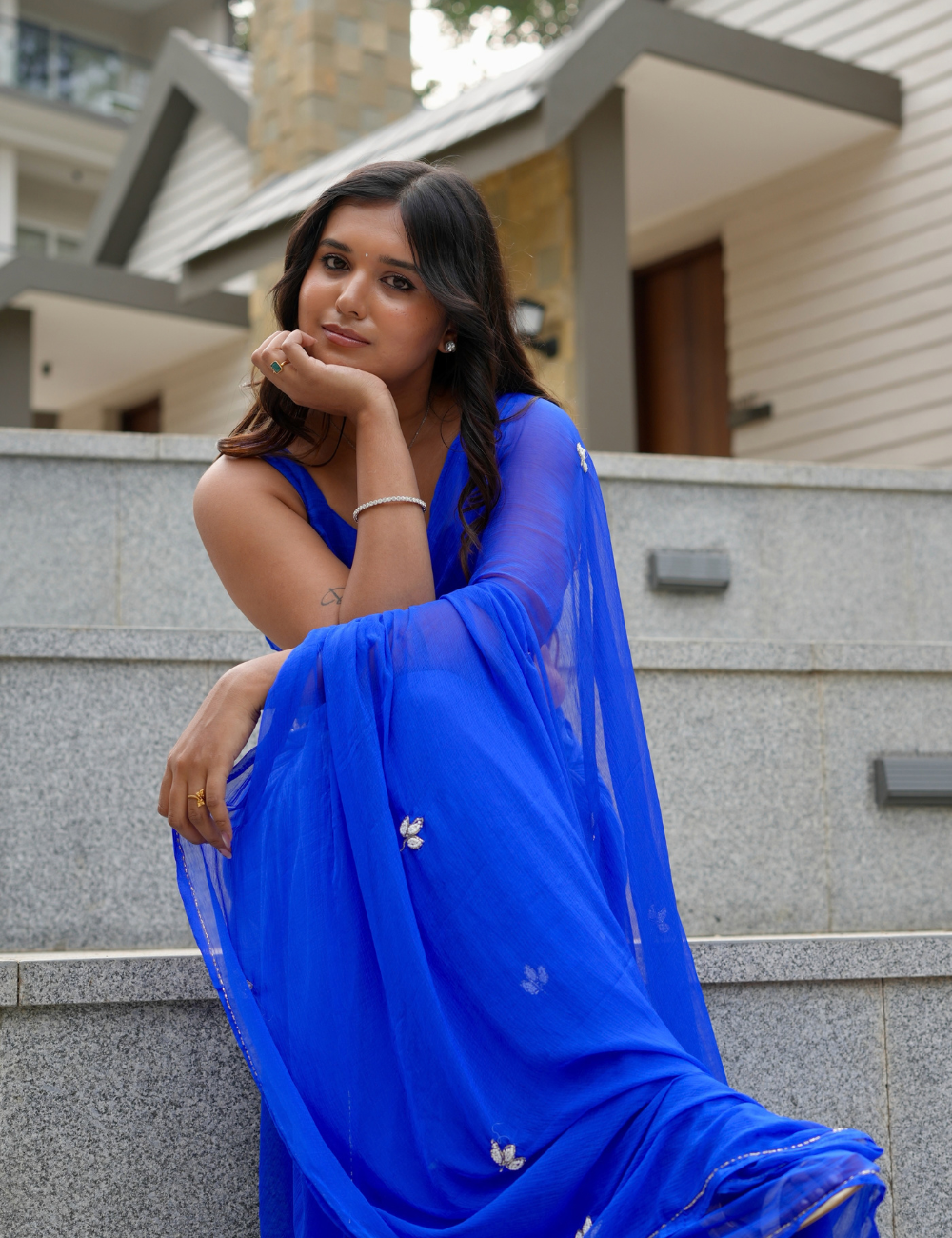 Pepsi Blue Chiffon Saree For Women