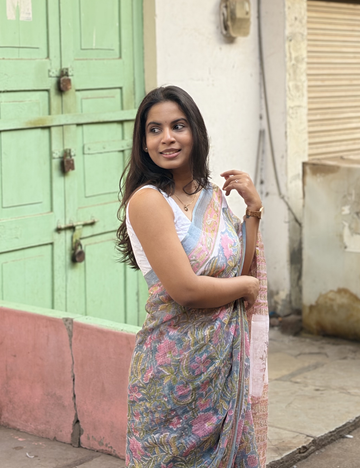 Grey | Sanganeri Hand Block Kota Doria Saree