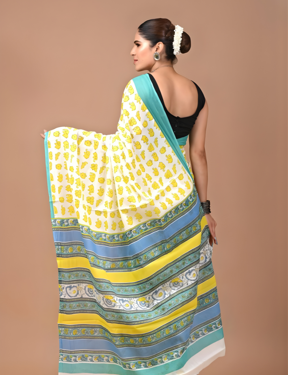Yellow Printed Mul Cotton Saree