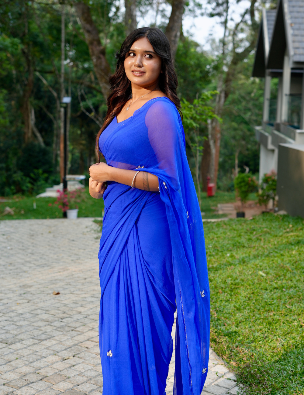 Pepsi Blue Chiffon Saree For Women