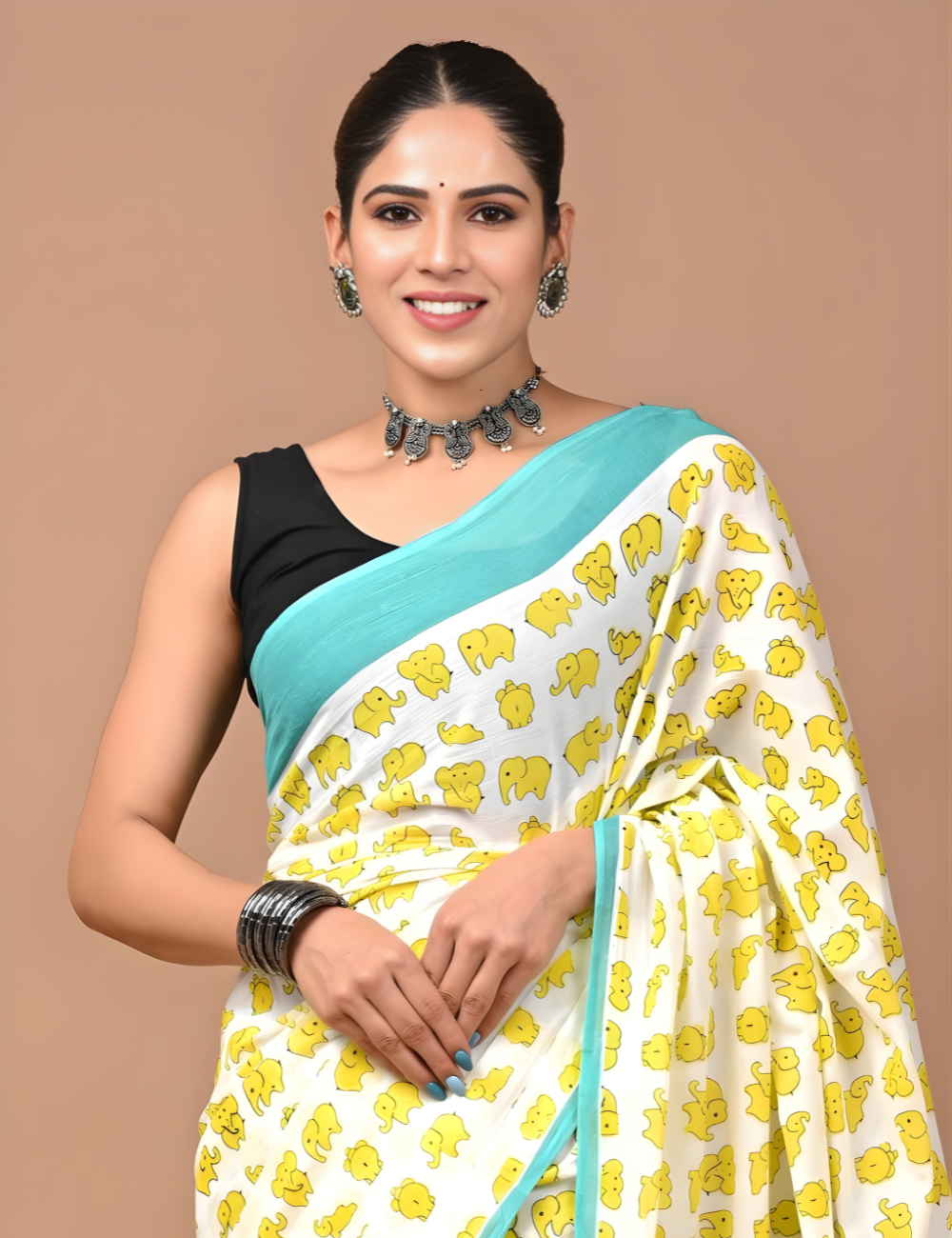 Yellow Printed Mul Cotton Saree