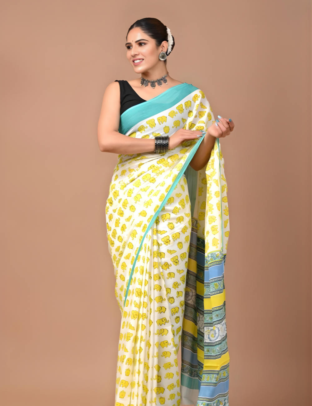 Yellow Printed Mul Cotton Saree