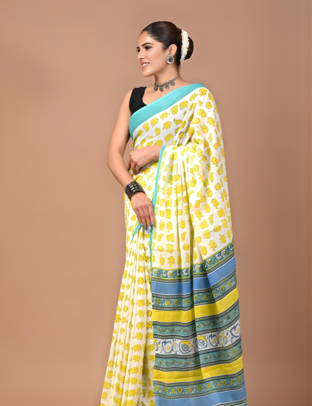 Yellow Printed Mul Cotton Saree