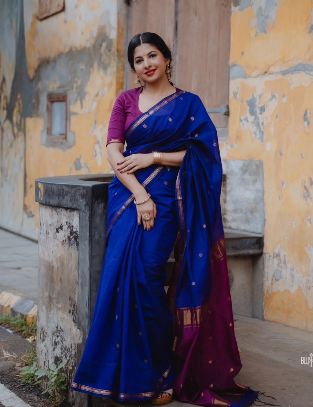 Blue and Purple Premium Silk And Cotton Saree