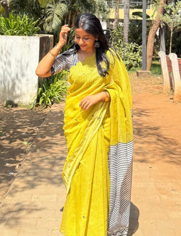 Yellow Chanderi Linen Summer Saree
