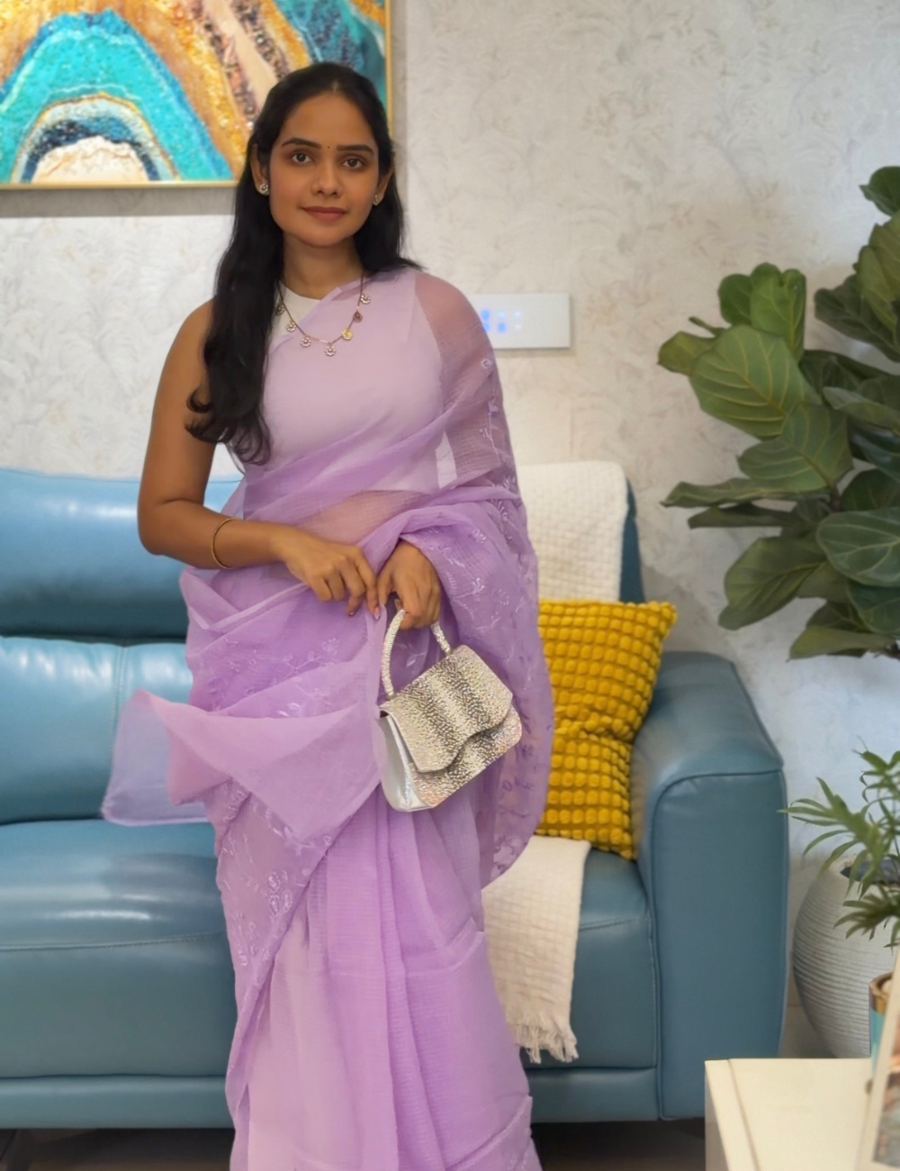 Lavender | Embroidered Kota Doria Saree