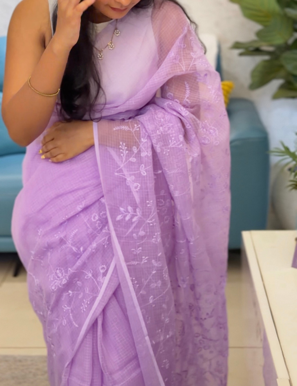 Lavender | Embroidered Kota Doria Saree