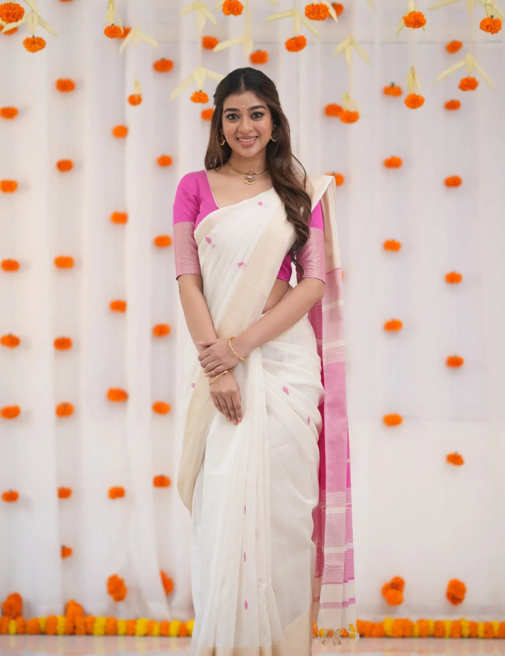 White & Pink - Silk cotton Handloom Saree