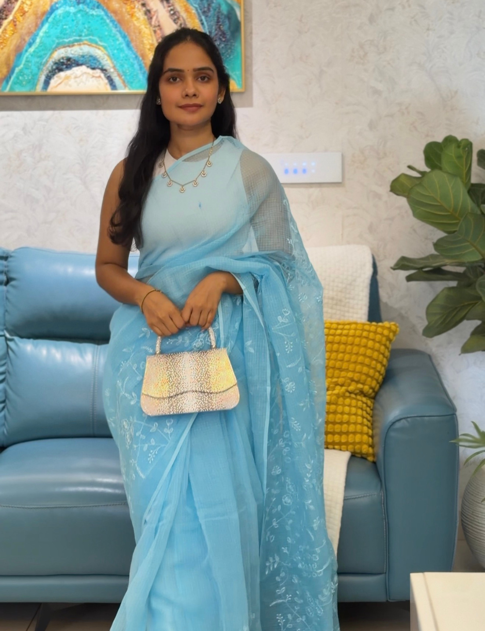Powder Blue | Embroidered Kota Doria Saree