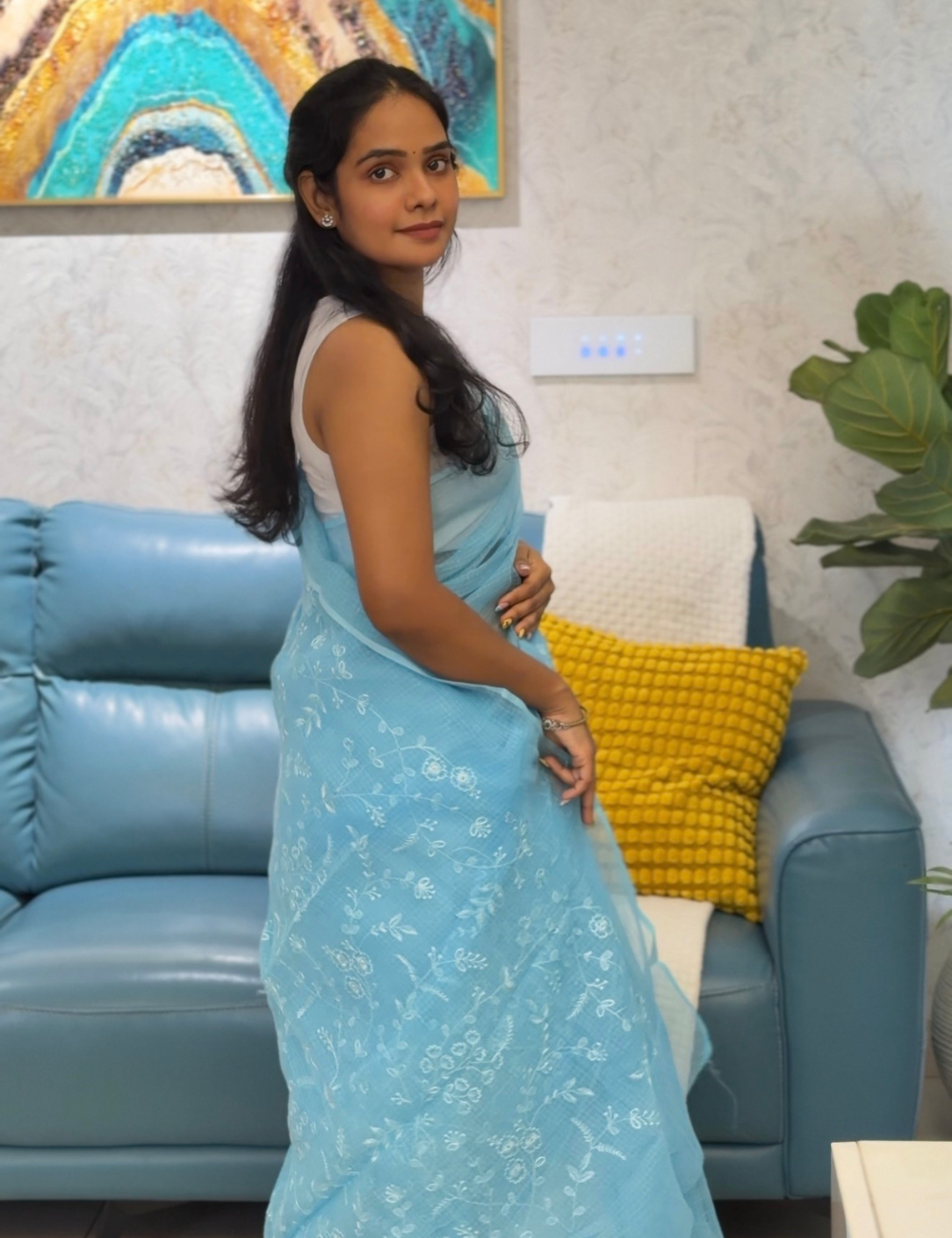Powder Blue | Embroidered Kota Doria Saree