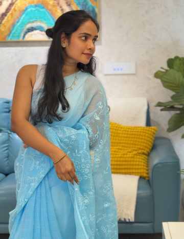 Powder Blue | Embroidered Kota Doria Saree