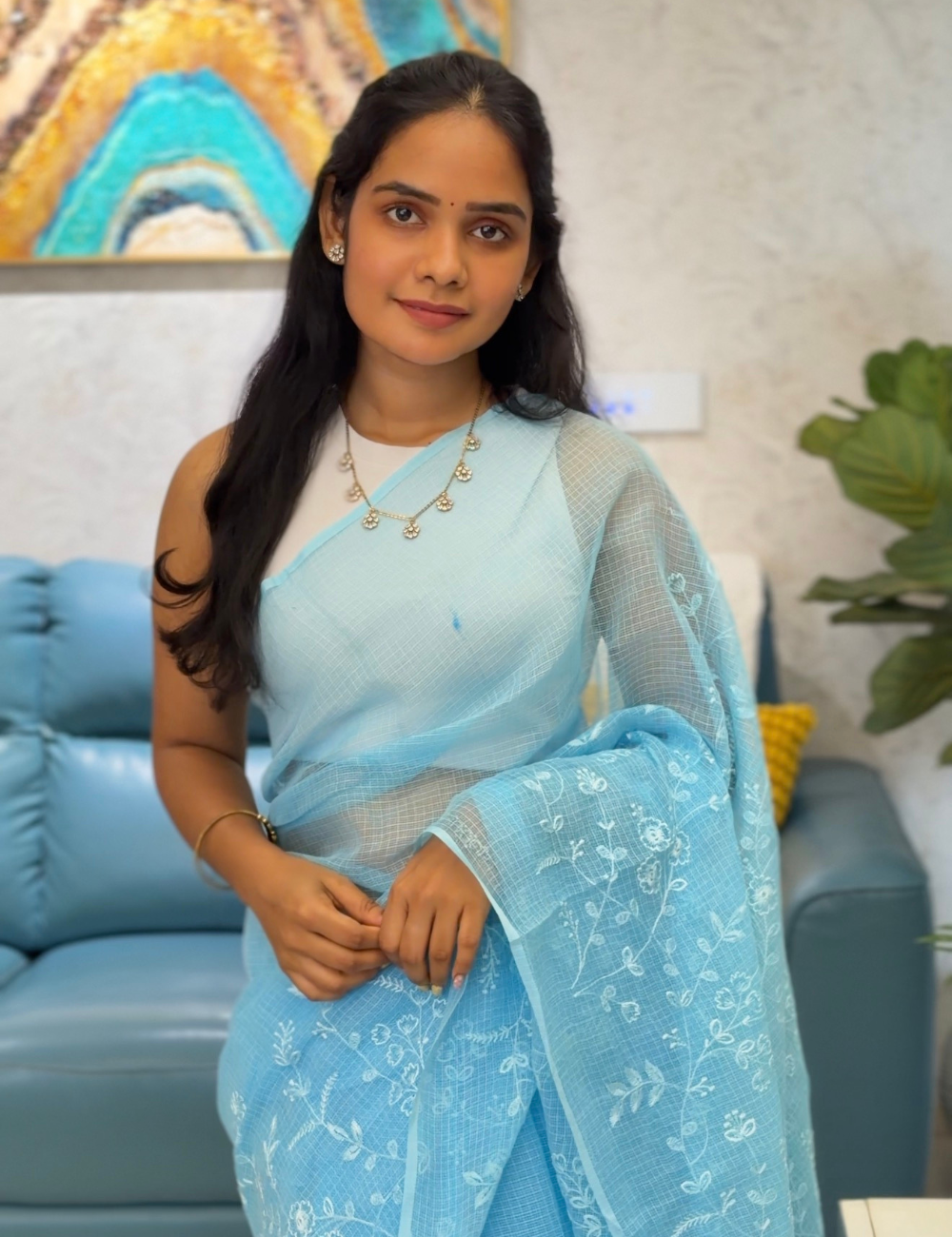 Powder Blue | Embroidered Kota Doria Saree