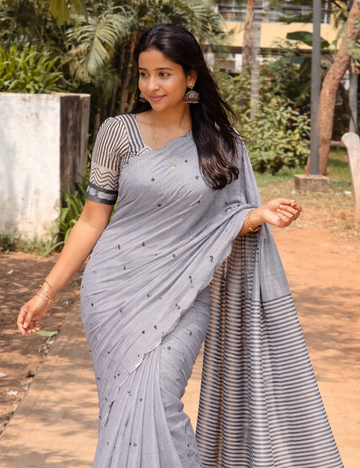 Grey Chanderi Linen Summer Saree