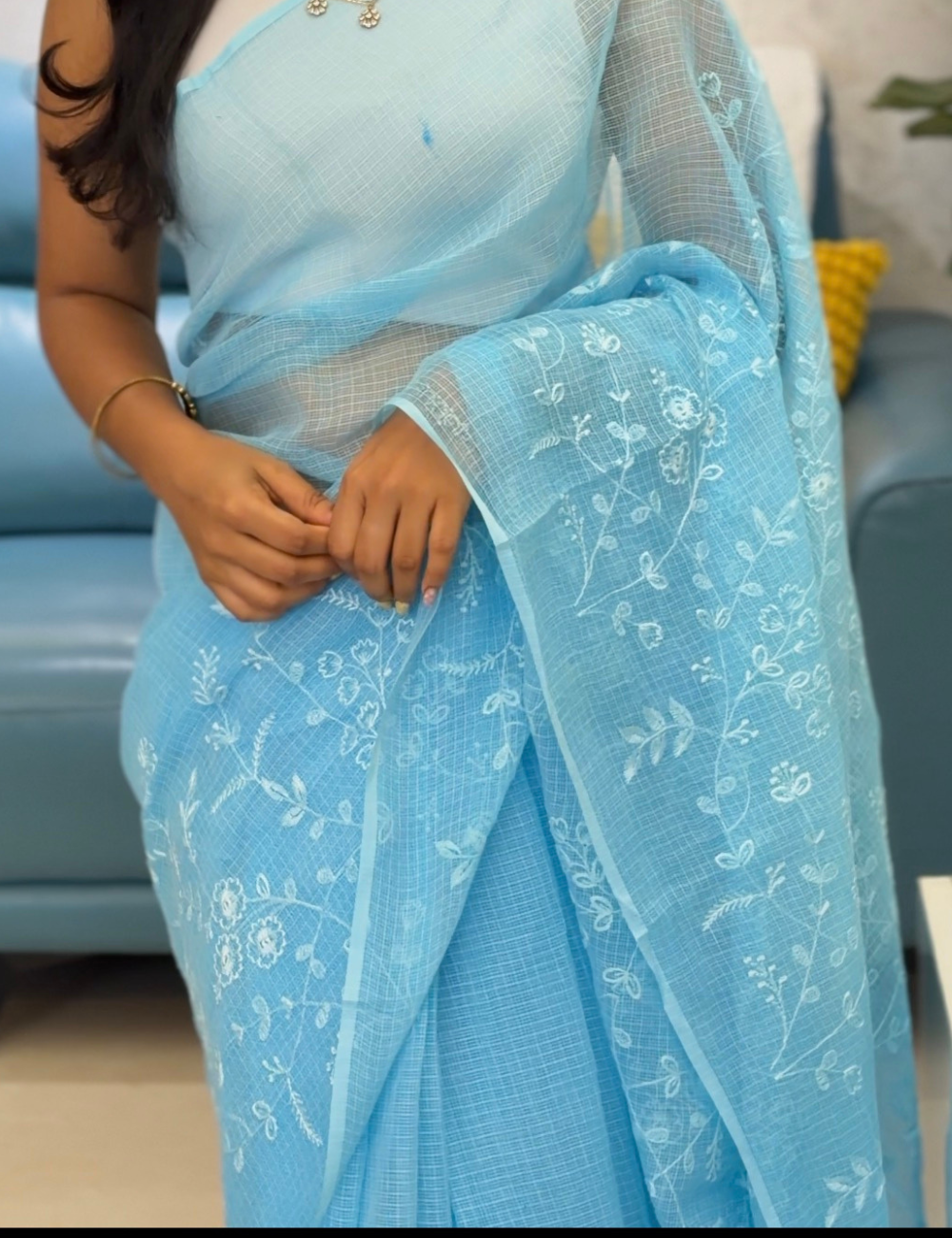 Powder Blue | Embroidered Kota Doria Saree