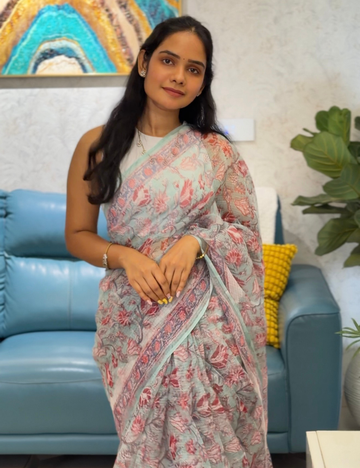 Aqua Blue | Sanganeri Hand Block Kota Doria Saree