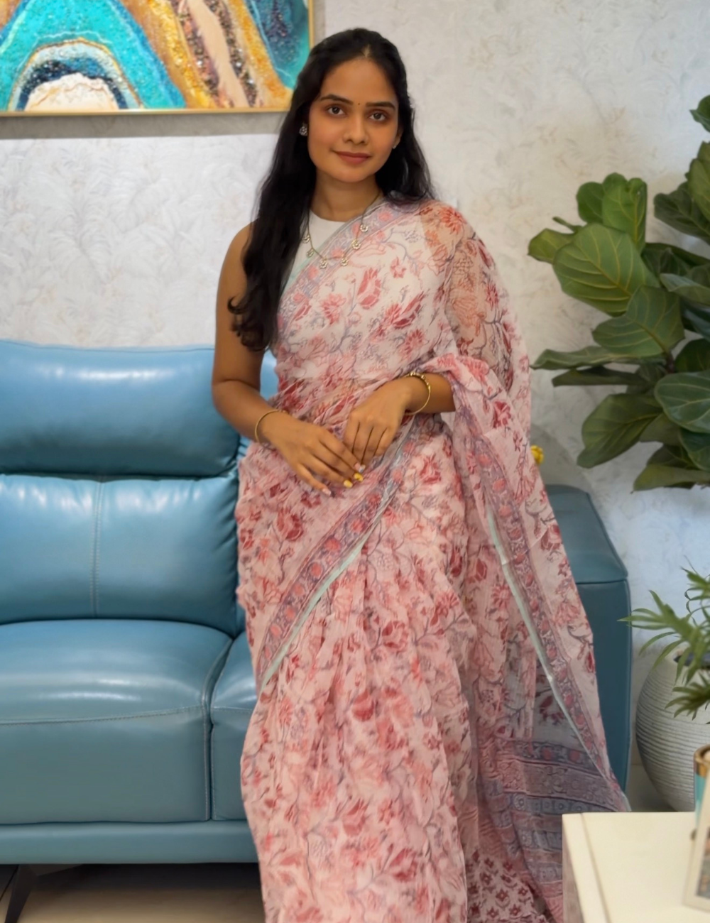 Pink | Sanganeri Hand Block Kota Doria Saree