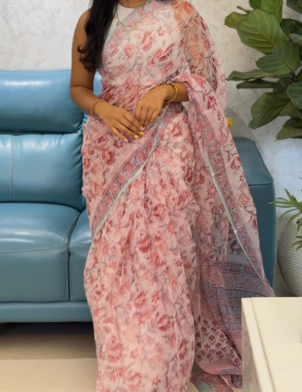 Pink | Sanganeri Hand Block Kota Doria Saree