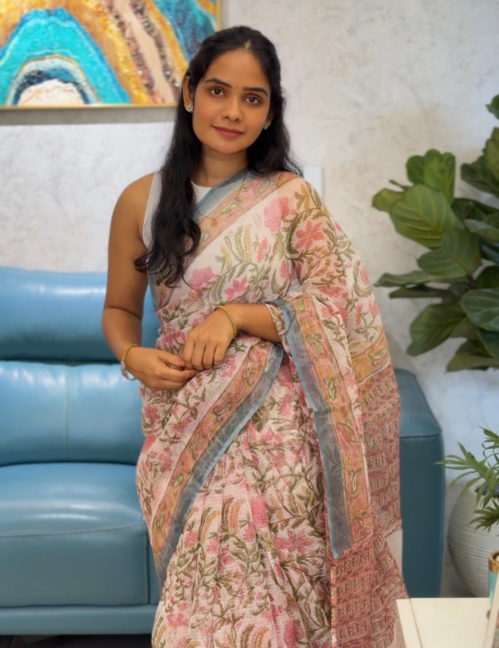 White & Grey | Sanganeri Hand Block Kota Doria Saree