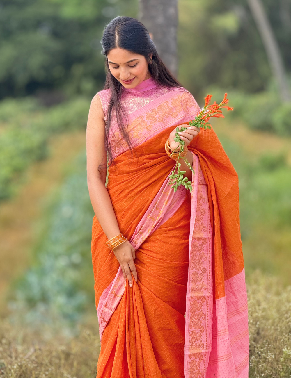 Orange Sungudi Cotton Saree For Women