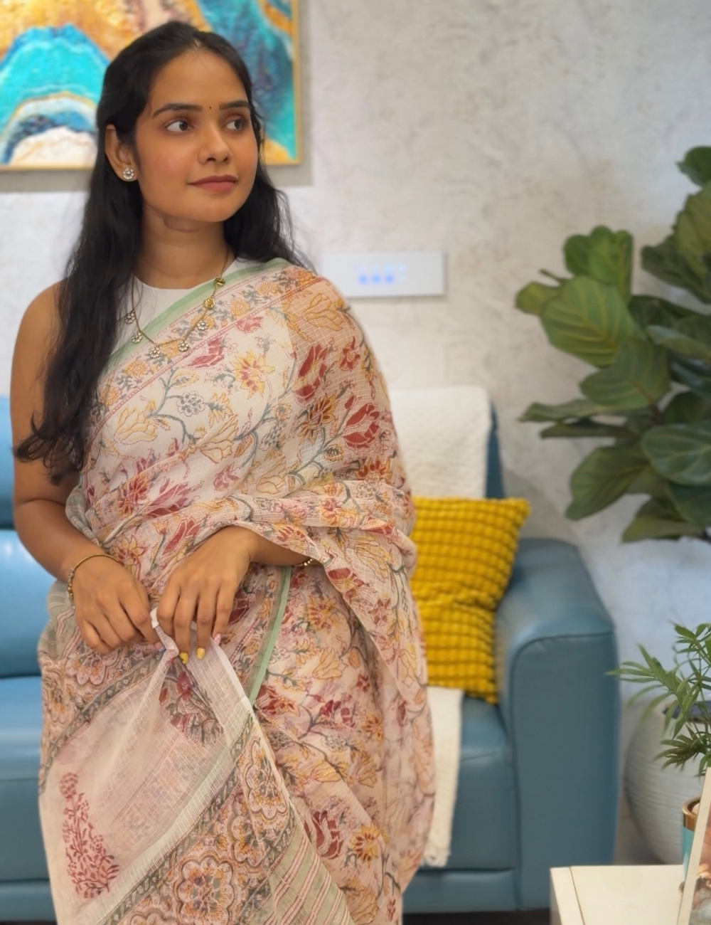 White & Mint Green | Sanganeri Hand Block Kota Doria Saree