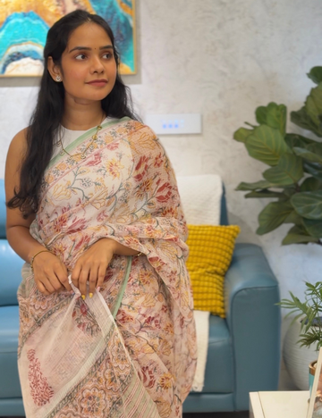 White & Mint Green | Sanganeri Hand Block Kota Doria Saree