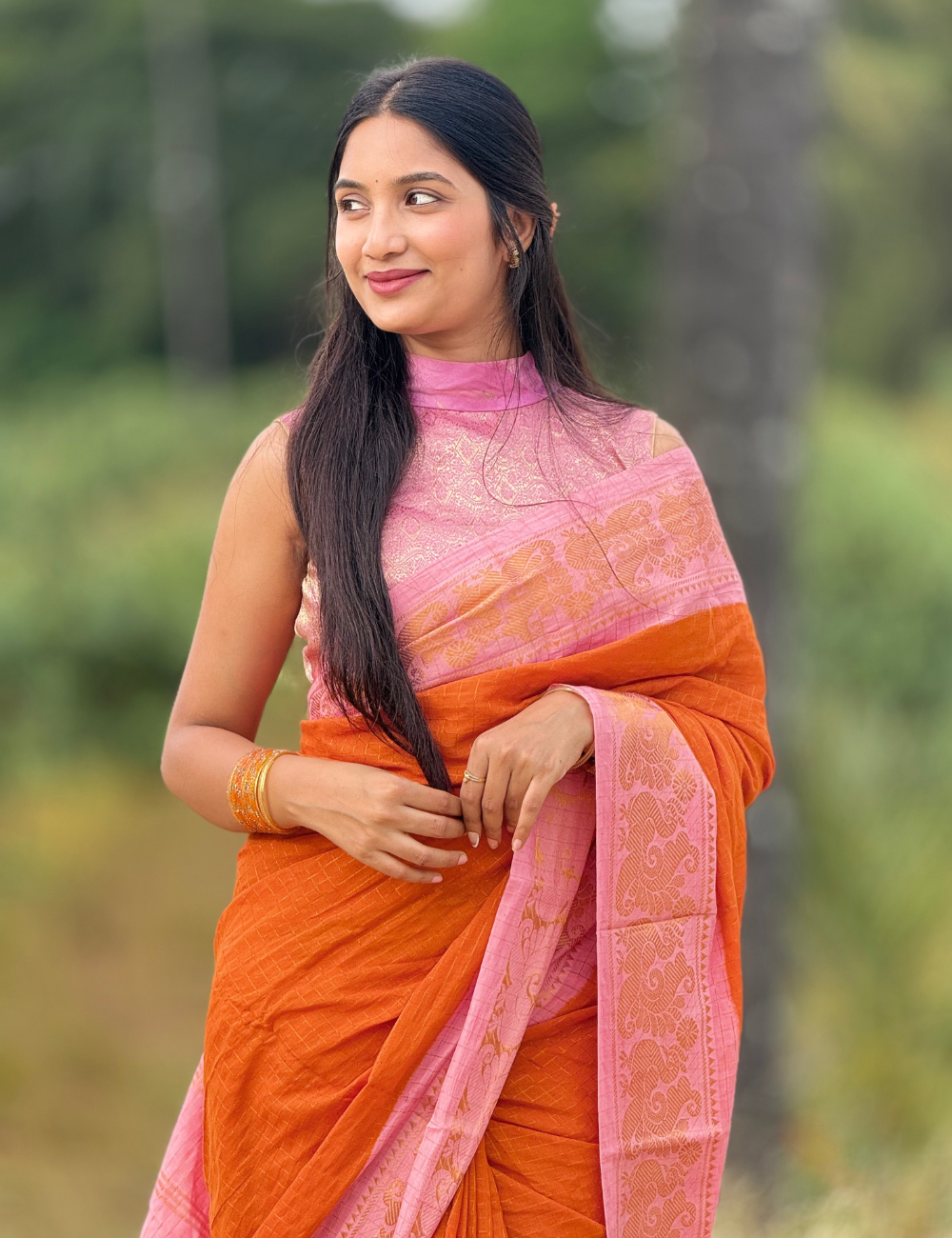 Orange Sungudi Cotton Saree For Women