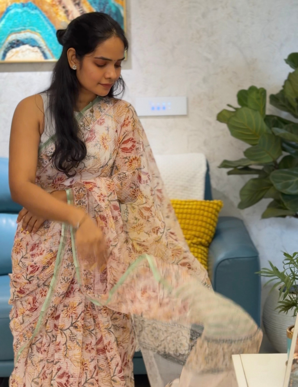 White & Mint Green | Sanganeri Hand Block Kota Doria Saree