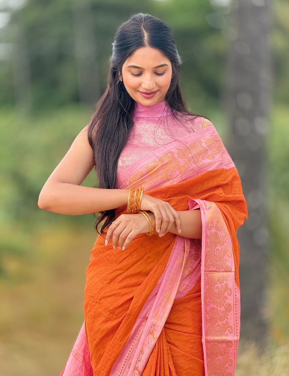 Orange Sungudi Cotton Saree For Women