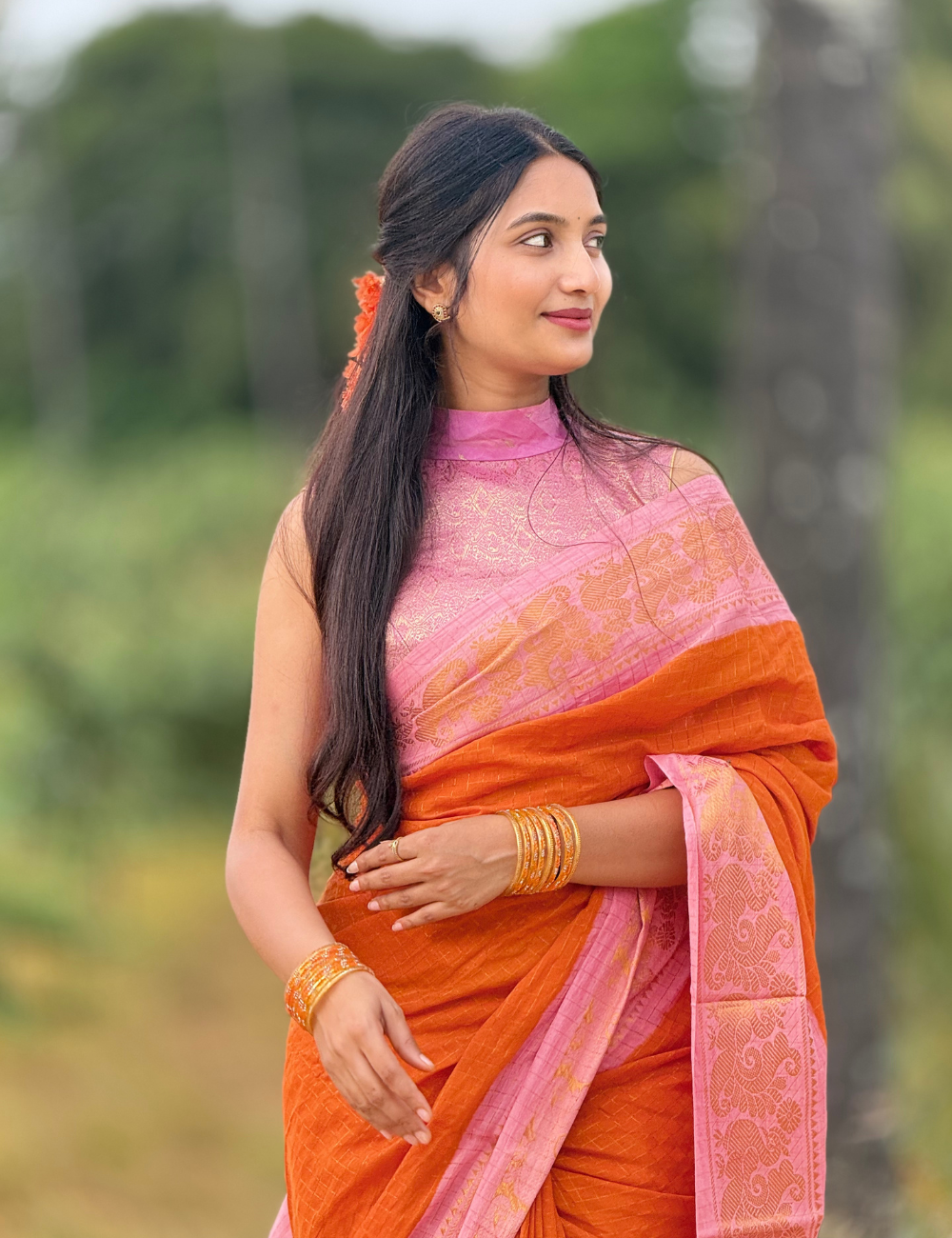 Orange Sungudi Cotton Saree For Women