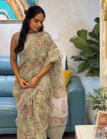 Mint Green | Sanganeri Hand Block Kota Doria Saree