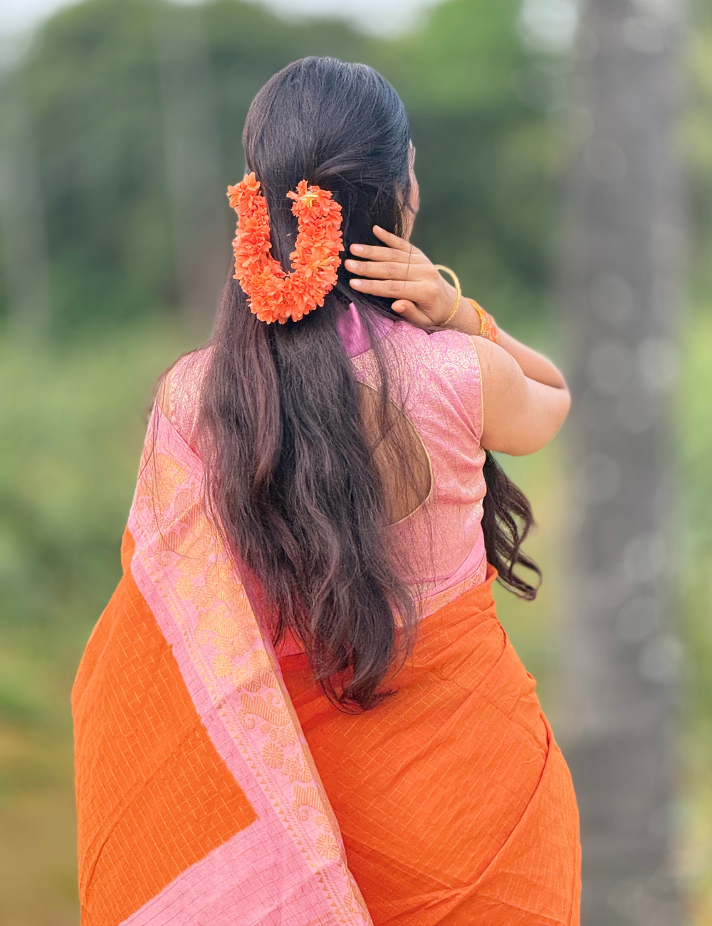 Orange Sungudi Cotton Saree For Women