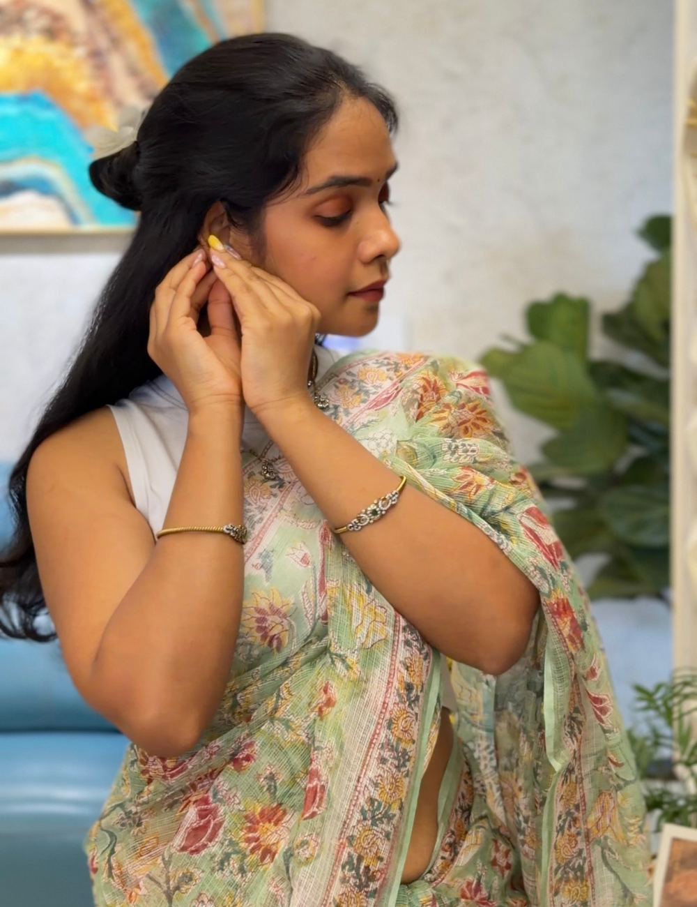 Mint Green | Sanganeri Hand Block Kota Doria Saree