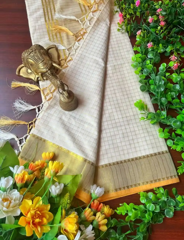 Premium Balaramapuram Tiny Block Kasavu Cotton Saree For Women
