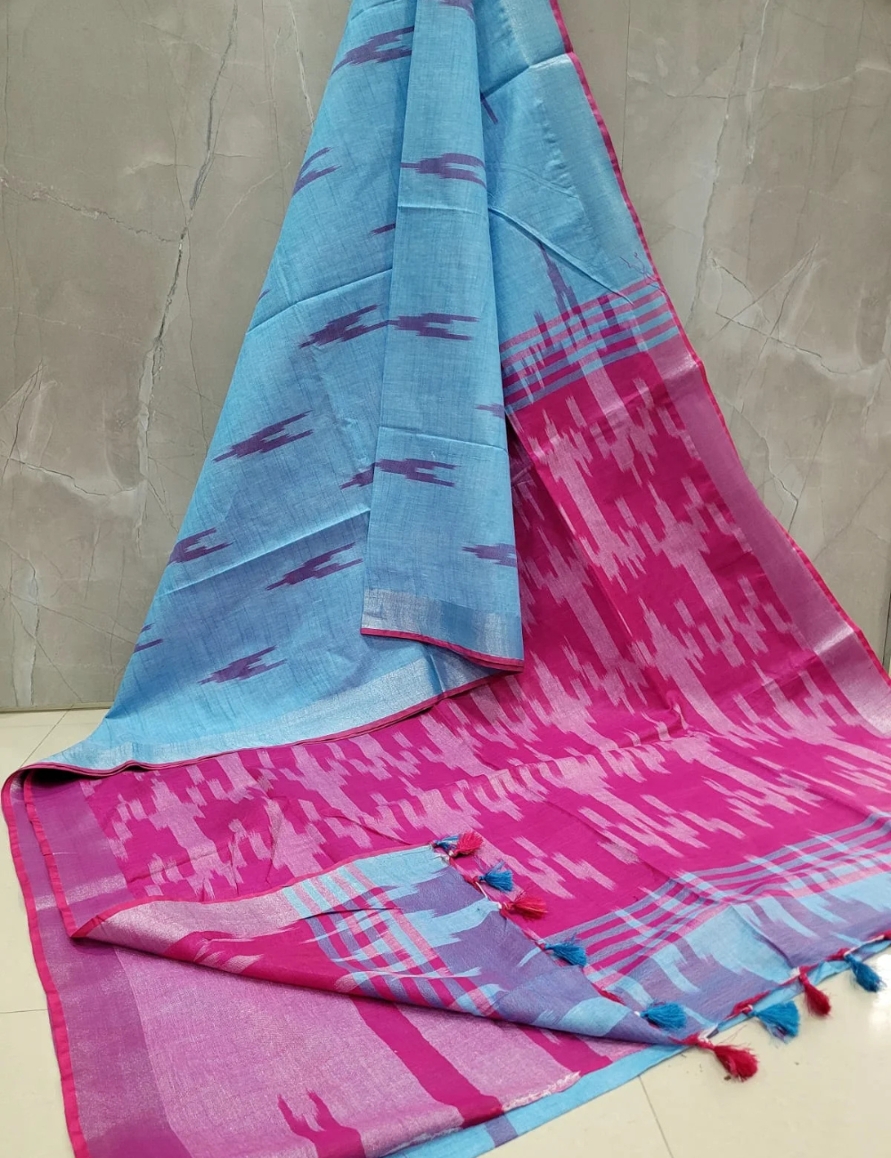 Sky Blue - Pink Ikkat Linen Cotton Saree